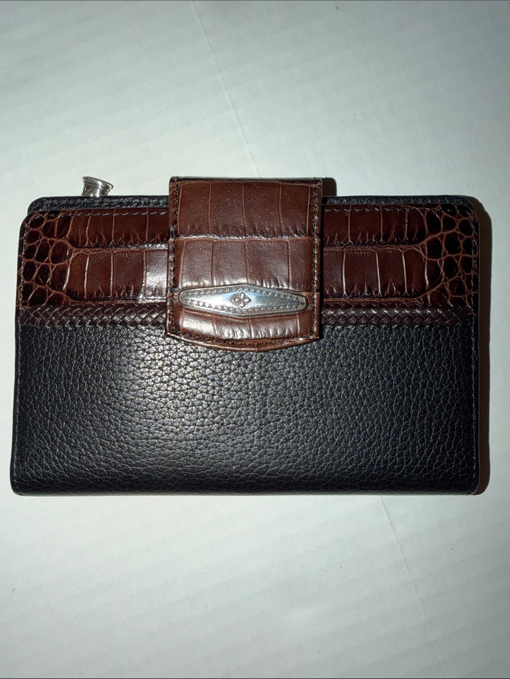 Brighton Two-Tone Brown and Black Leather Wallet with Croc Accent